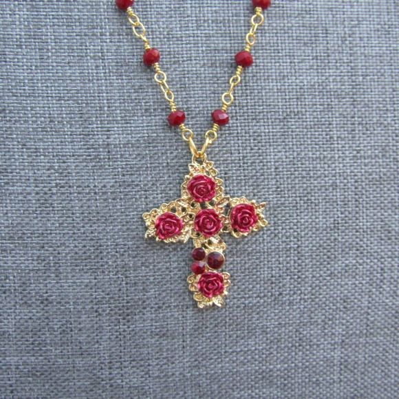 Double Hung Rosary Inspired Necklace Gold Red Rose Cross - Picture 2 of 4